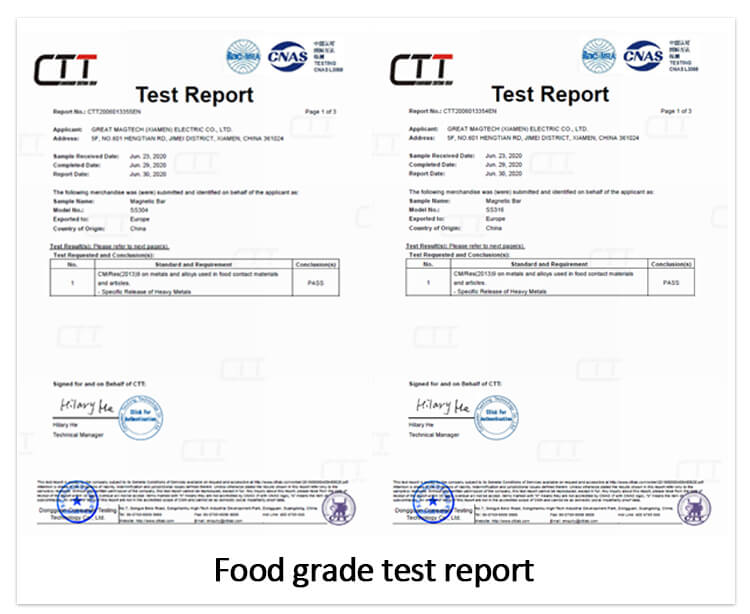 magnetic hopper food grade test report