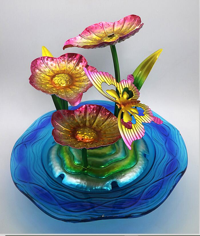 Fontaine d'eau en verre avec fleur en métal, décoration de dessus de Table d'intérieur, fournitures de jardin
