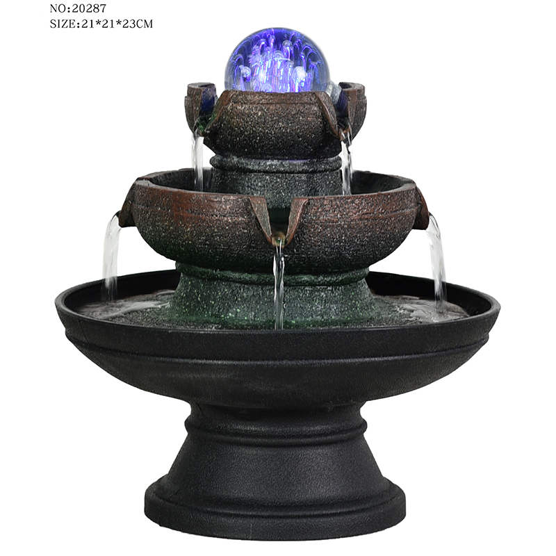 Fontaine d'eau de table en résine à trois niveaux, décoration de maison, vente en gros, avec boule roulante en verre coloré